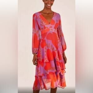 NWT Farm Rio Wild Hearts Purple Layered Long Sleeve Chiffon Midi Dress Size S
